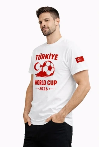 Erkek Türkiye World Cup 2026 Baskılı Tişört Futbol Temalı Forma T-Shirt - Beyaz