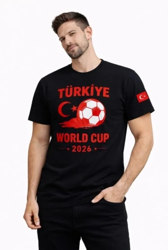 Erkek Türkiye World Cup 2026 Baskılı Tişört Futbol Temalı Forma T-Shirt - Siyah