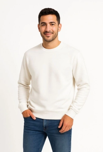 Erkek Üç İplik Düz Bisiklet Yaka SweatShirt - Beyaz