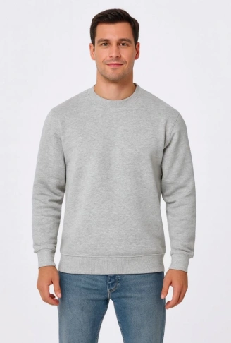 Erkek Üç İplik Düz Bisiklet Yaka SweatShirt - Gri