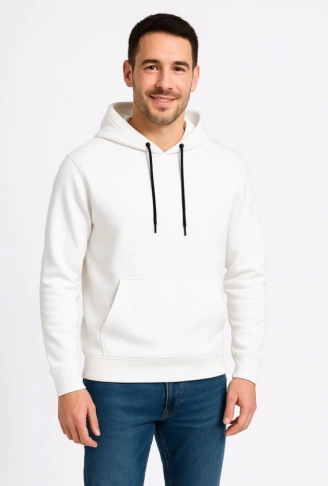 Erkek Üç İplik Kapüşonlu Kanguru Cepli SweatShirt Hoodie - Beyaz