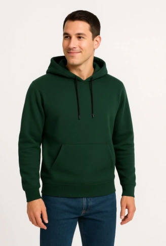 Erkek Üç İplik Kapüşonlu Kanguru Cepli SweatShirt Hoodie - Haki