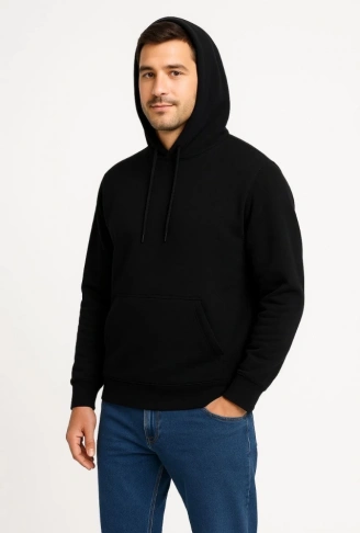 Erkek Üç İplik Kapüşonlu Kanguru Cepli SweatShirt Hoodie - Siyah