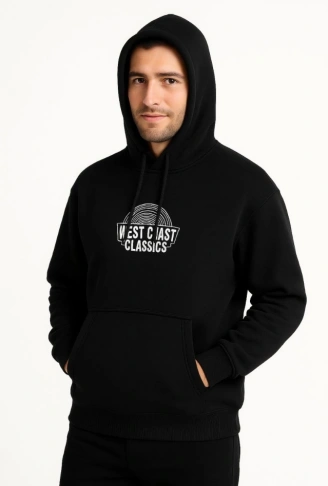 Erkek Üç İplik Kapüşonlu Ön Ve Arka Baskılı SweatShirt Hoodie - Siyah