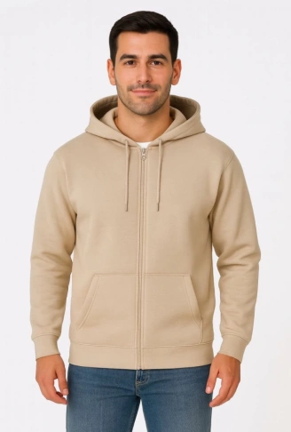 Erkek Üç İplik Kapüşonlu Tam Fermuarlı Kanguru Çepli SweatShirt Hoodie - Bej