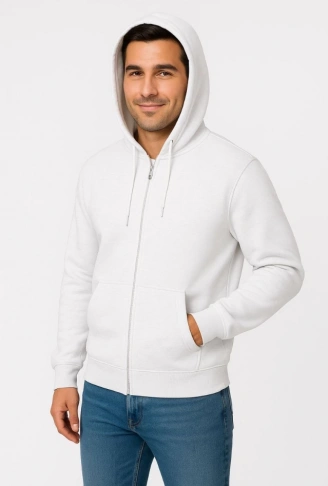 Erkek Üç İplik Kapüşonlu Tam Fermuarlı Kanguru Çepli SweatShirt Hoodie - Beyaz