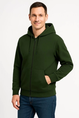 Erkek Üç İplik Kapüşonlu Tam Fermuarlı Kanguru Çepli SweatShirt Hoodie - Haki
