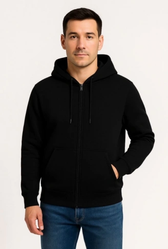 Erkek Üç İplik Kapüşonlu Tam Fermuarlı Kanguru Çepli SweatShirt Hoodie - Siyah