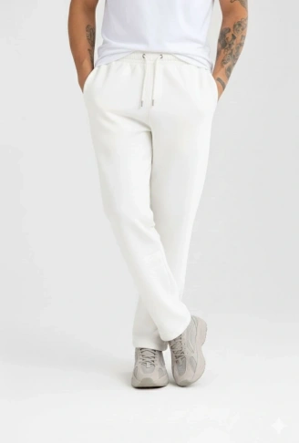 Erkek Üç Iplik Kışlık Pamuklu Ovarsize Bağcıklı Düz Paça Cepli Eşofman Altı Spor Rahat Model - Beyaz