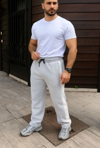 Erkek Üç İplik Kışlık Pamuklu Yandan Garneli Kalın Bej Şeritli Cepli Eşofman Altı - Gri