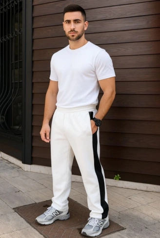 Erkek Üç İplik Kışlık Pamuklu Yandan Garneli Kalın Şeritli Cepli Eşofman Altı - Beyaz