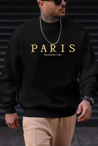 Erkek Uzun Kollu Bisiklet Yaka Paris Yazılı Iki Iplik Bluz