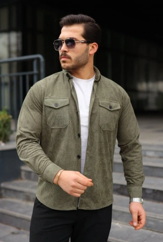 Erkek Uzun Kollu Cepli Kadife Gömlek