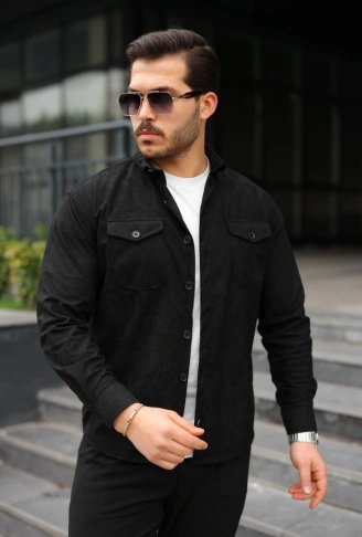 Erkek Uzun Kollu Cepli Kadife Gömlek