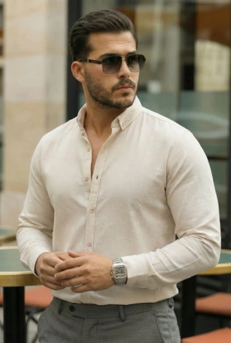 Erkek Uzun Kollu Rahat Keten Gömlek