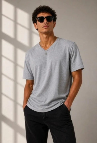 Erkek V Yaka Basic Tişört Kısa Kol Yazlık Regular Fit T-Shirt - Gri