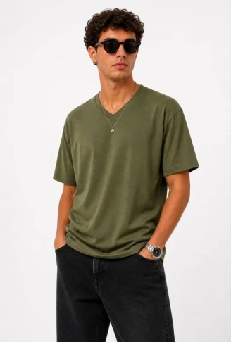 Erkek V Yaka Basic Tişört Kısa Kol Yazlık Regular Fit T-Shirt - Haki