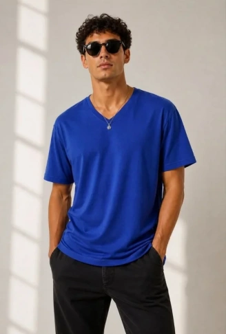 Erkek V Yaka Basic Tişört Kısa Kol Yazlık Regular Fit T-Shirt - Saks Mavisi