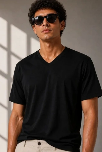 Erkek V Yaka Basic Tişört Kısa Kol Yazlık Regular Fit T-Shirt - Siyah
