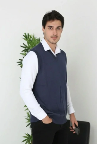 Erkek V Yaka Kolsuz Süveter Triko Kazak Yumuşak Dokulu Pamuklu Ince Dokuma Rahat Regular Kalıp - Lacivert