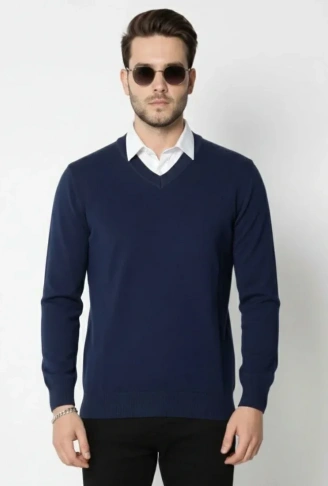 Erkek V Yaka Triko Kazak Yumuşak Dokulu Pamuklu Ince Dokuma, Uzun Kollu Rahat Regular Kalıp - Lacivert