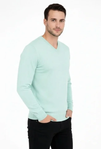 Erkek V Yaka Triko Kazak Yumuşak Dokulu Pamuklu Ince Dokuma, Uzun Kollu Rahat Regular Kalıp - Mint Yeşili
