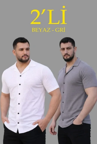 Erkek Waffle Dokuma Açık Yakalı Düğmeli Regular Kalıp 2’li Gömlek Seti - Beyaz - Gri