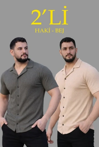 Erkek Waffle Dokuma Açık Yakalı Düğmeli Regular Kalıp 2’li Gömlek Seti - Haki - Bej