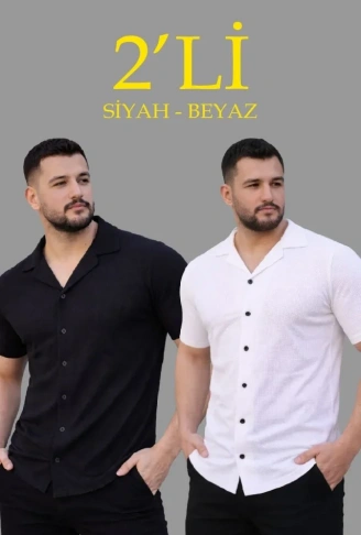 Erkek Waffle Dokuma Açık Yakalı Düğmeli Regular Kalıp 2’li Gömlek Seti - Siyah - Beyaz