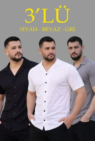 Erkek Waffle Dokuma Açık Yakalı Düğmeli Regular Kalıp 3’lü Gömlek Seti - Siyah, Beyaz, Gri