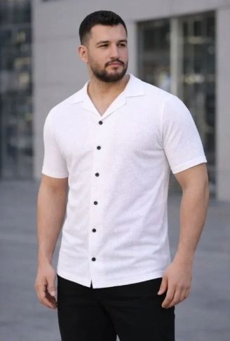Erkek Waffle Kumaş Kısa Kollu Düğmeli Açık Yaka Regular Fit Gömlek - Beyaz