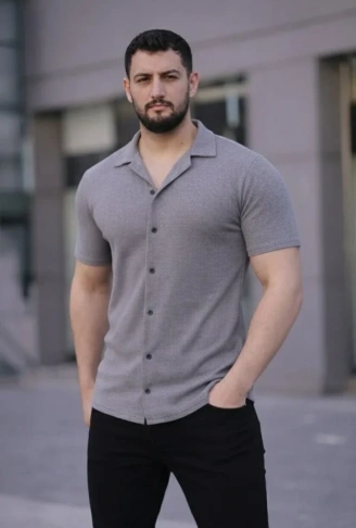 Erkek Waffle Kumaş Kısa Kollu Düğmeli Açık Yaka Regular Fit Gömlek - Gri