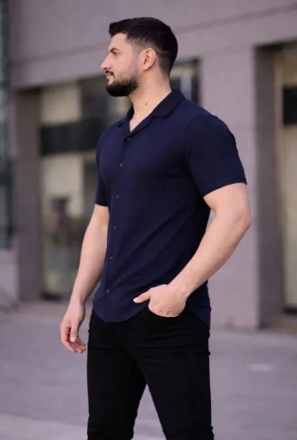 Erkek Waffle Kumaş Kısa Kollu Düğmeli Açık Yaka Regular Fit Gömlek - Lacivert