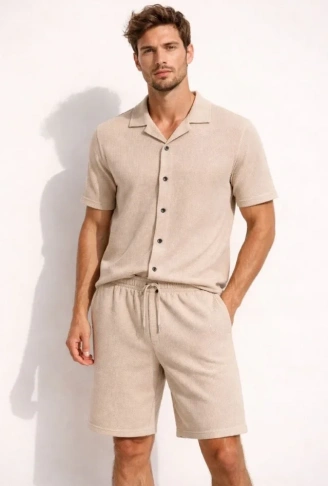 Erkek Waffle Kumaş Kısa Kollu Gömlek Şort Takım Regular Fit Yazlık İkili Set - Bej