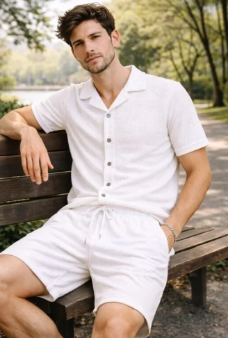 Erkek Waffle Kumaş Kısa Kollu Gömlek Şort Takım Regular Fit Yazlık İkili Set - Beyaz