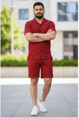 Erkek Waffle Kumaş Kısa Kollu Gömlek Şort Takım Regular Fit Yazlık İkili Set - Bordo