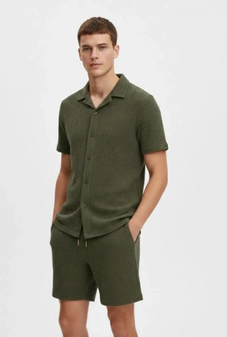 Erkek Waffle Kumaş Kısa Kollu Gömlek Şort Takım Regular Fit Yazlık İkili Set - Haki