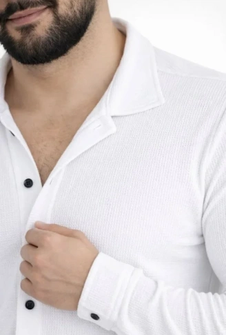 Erkek Waffle Kumaş Uzun Kollu Düğmeli Açık Yaka Regular Fit Gömlek - Beyaz