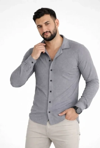 Erkek Waffle Kumaş Uzun Kollu Düğmeli Açık Yaka Regular Fit Gömlek - Füme