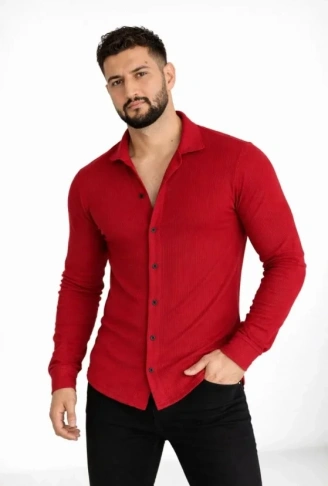 Erkek Waffle Kumaş Uzun Kollu Düğmeli Açık Yaka Regular Fit Gömlek - Kırmızı