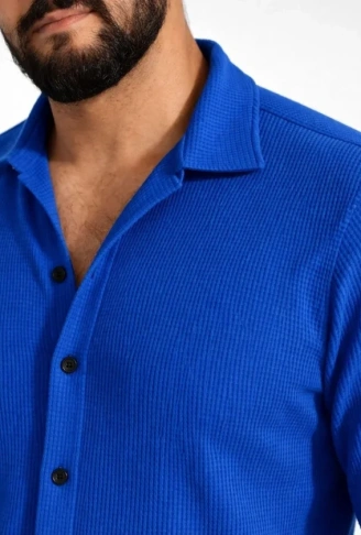 Erkek Waffle Kumaş Uzun Kollu Düğmeli Açık Yaka Regular Fit Gömlek - Saks Mavisi