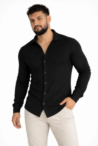 Erkek Waffle Kumaş Uzun Kollu Düğmeli Açık Yaka Regular Fit Gömlek - Siyah