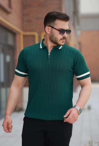 Erkek Yaka Ve Kolları çizgi Detaylı Fermuarlı Kısa Kollu T-shirt