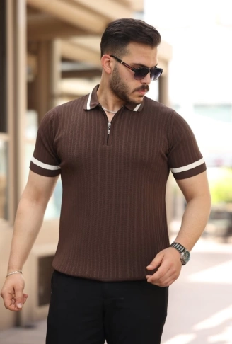 Erkek Yaka Ve Kolları çizgi Detaylı Fermuarlı Kısa Kollu T-shirt