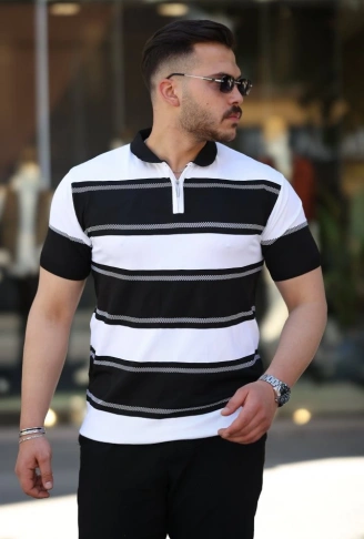 Erkek Yakalı Fermuarlı çift Renk Kısa Kollu T-shirt