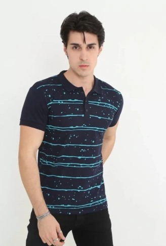 Erkek Yakalı Slim Fit Pike Çizgili T-Shirt - Lacivert