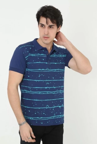 Erkek Yakalı Slim Fit Pike Çizgili T-Shirt - Mavi