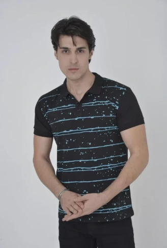 Erkek Yakalı Slim Fit Pike Çizgili T-Shirt - Siyah