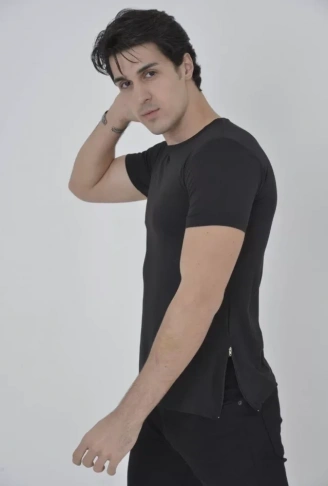 Erkek Yandan Fermuarli Slim Fit T-shirt - Siyah