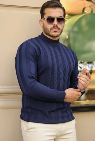 Erkek Yarım Balıkçı Yaka Kabartma Desenli Triko